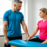 A focused adult woman in her 30s, wearing modest, professional athletic wear, precisely performing a guided therapeutic exercise with perfect anatomy and correct proportions. She is in a bright, modern physiotherapy clinic, with natural lighting illuminating the space. A professional male physiotherapist, fully clothed in appropriate clinic attire, stands discreetly in the background, observing and providing gentle guidance. The scene captures a sense of active recovery, empowerment, and dedication to long-term health. well-formed hands, proper finger count, natural body proportions, safe for work, appropriate content, fully clothed, professional, modest, family-friendly.
