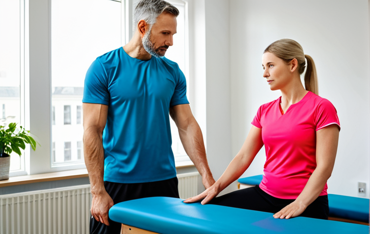 A focused adult woman in her 30s, wearing modest, professional athletic wear, precisely performing a guided therapeutic exercise with perfect anatomy and correct proportions. She is in a bright, modern physiotherapy clinic, with natural lighting illuminating the space. A professional male physiotherapist, fully clothed in appropriate clinic attire, stands discreetly in the background, observing and providing gentle guidance. The scene captures a sense of active recovery, empowerment, and dedication to long-term health. well-formed hands, proper finger count, natural body proportions, safe for work, appropriate content, fully clothed, professional, modest, family-friendly.