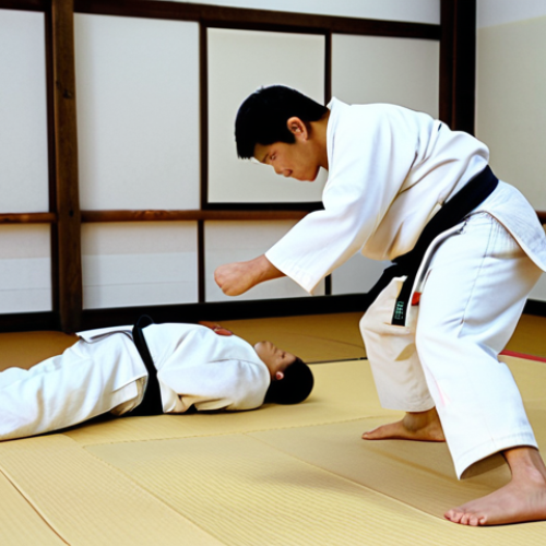 Home 19 **
"A diverse group of judo students, fully clothed in judogis, practicing techniques in a clean and well-lit dojo. The Sensei, a kind and experienced instructor, is demonstrating a move. Tatami mats cover the floor. Safe for work, appropriate content, professional training environment, modest attire, family-friendly, perfect anatomy, correct proportions, natural pose, well-formed hands, proper finger count, natural body proportions."
**