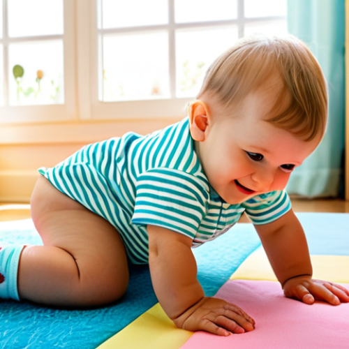 Home 18 **
A fully clothed toddler, wearing a bright, colorful play suit and non-slip socks, is happily engaged in tummy time on a soft, cushioned playmat in a sunlit nursery. Toys are scattered around the mat, including a plush teddy bear and a set of stacking rings. The nursery has pastel-colored walls and a window overlooking a garden. Safe for work, appropriate content, family-friendly, professional photography, perfect anatomy, natural proportions.
**