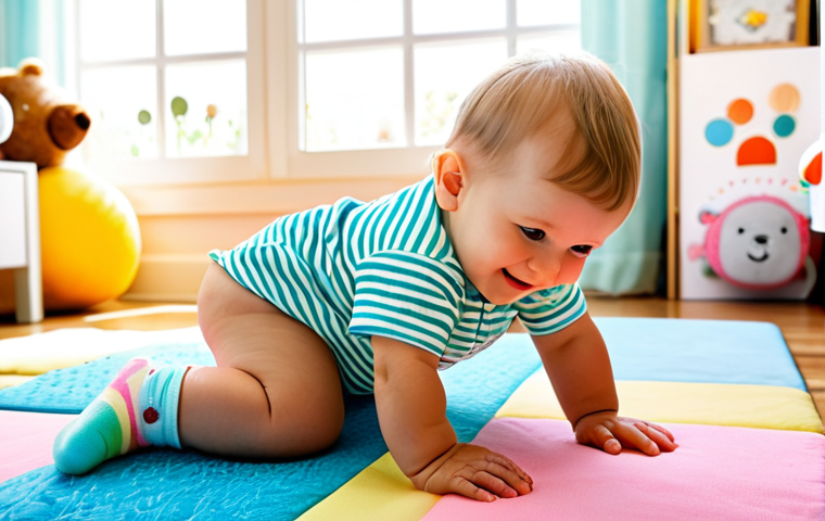 **
A fully clothed toddler, wearing a bright, colorful play suit and non-slip socks, is happily engaged in tummy time on a soft, cushioned playmat in a sunlit nursery. Toys are scattered around the mat, including a plush teddy bear and a set of stacking rings. The nursery has pastel-colored walls and a window overlooking a garden. Safe for work, appropriate content, family-friendly, professional photography, perfect anatomy, natural proportions.
**