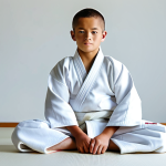 유도 입문자 추천 브랜드 - A young judoka, fully clothed in a brand new, pristine white kimono (judogi), practicing a stance in...