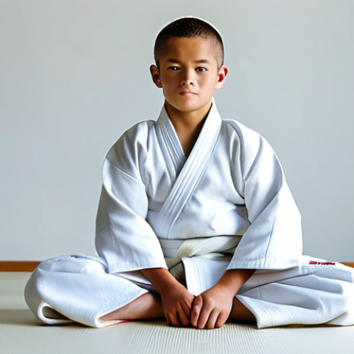 Home 17 유도 입문자 추천 브랜드 - A young judoka, fully clothed in a brand new, pristine white kimono (judogi), practicing a stance in...