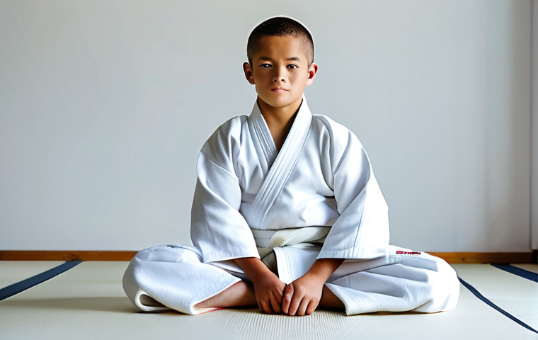 유도 입문자 추천 브랜드 - A young judoka, fully clothed in a brand new, pristine white kimono (judogi), practicing a stance in...