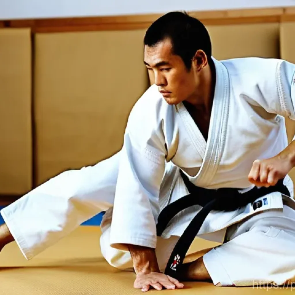 유도 올림픽 준비 과정 - **Dynamic Judo Training Session:** "A powerful and athletic male judoka, in peak physical condition,...