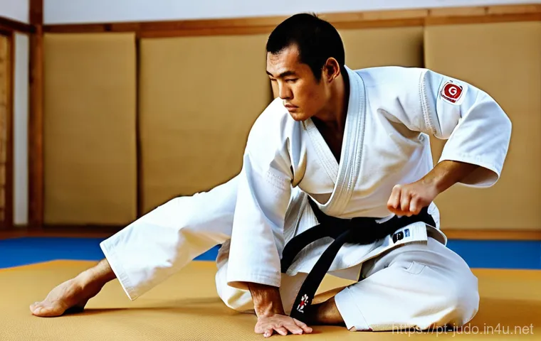 유도 올림픽 준비 과정 - **Dynamic Judo Training Session:** "A powerful and athletic male judoka, in peak physical condition,...