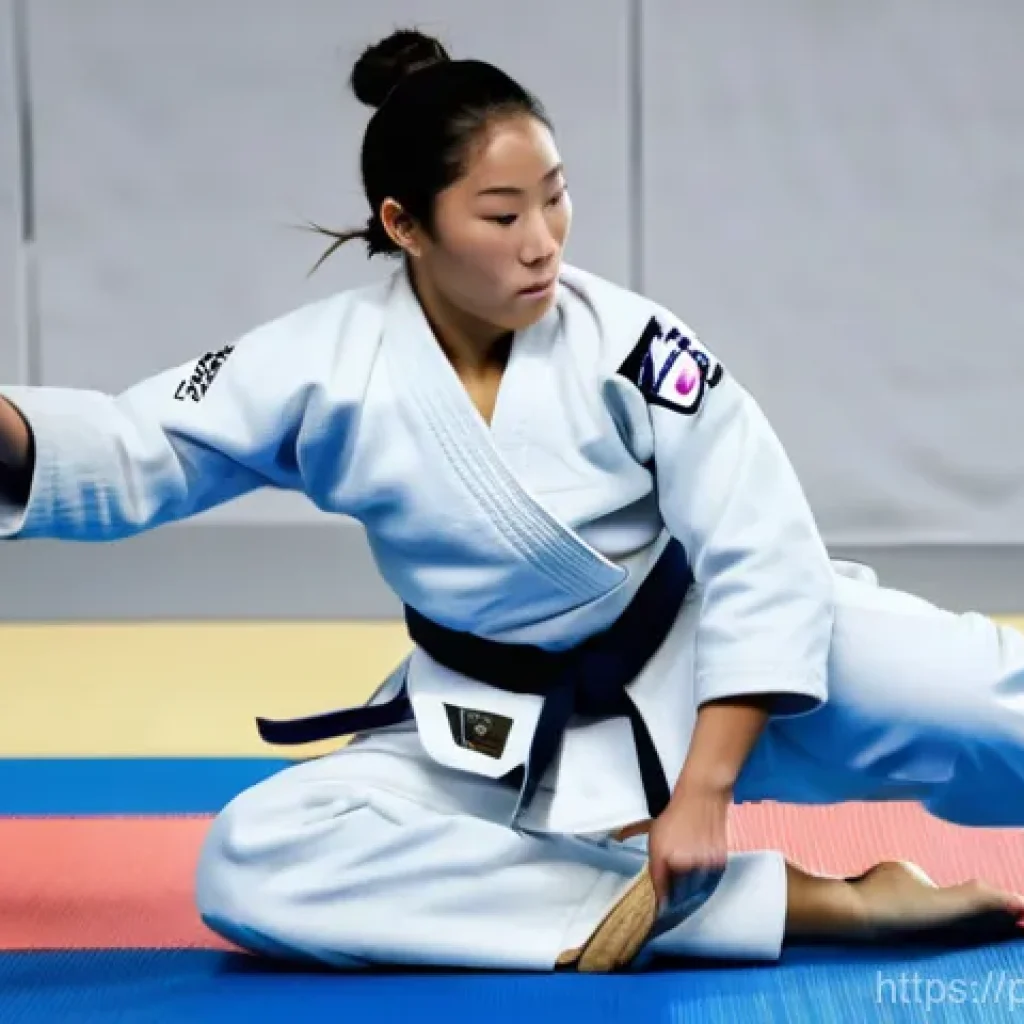 유도 훈련 데이터 분석 - **A dynamic, action-shot of a female judoka performing an Uchi-Mata on a tatami, seen from a slightl...