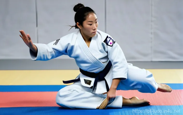 유도 훈련 데이터 분석 - **A dynamic, action-shot of a female judoka performing an Uchi-Mata on a tatami, seen from a slightl...