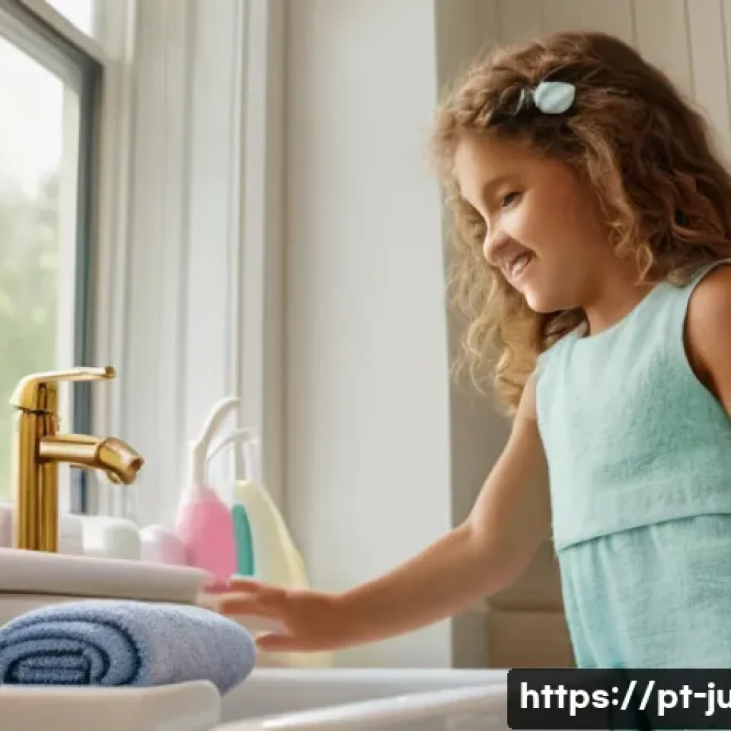 유도 제품 온라인 구매 가이드 - **A sunlit, airy bathroom scene.** A young girl, around 6 years old, with bright, curious eyes and s...