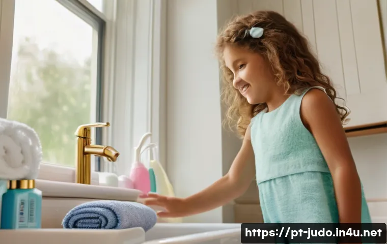 유도 제품 온라인 구매 가이드 - **A sunlit, airy bathroom scene.** A young girl, around 6 years old, with bright, curious eyes and s...