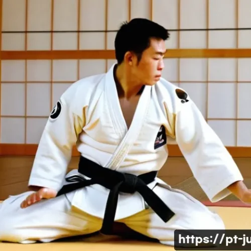 유도와 신체적 균형 - **Judo Ukemi (Falling Technique) in a Traditional Dojo**
    An athletic male judoka, in his late 20...