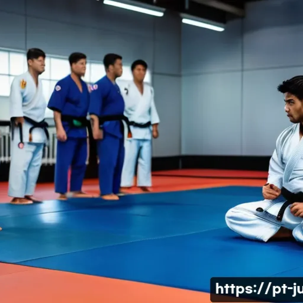 유도 훈련 후 기록 관리 방법 - A focused judo training scene in a modern dojo with a male athlete wearing a white judogi practicing...
