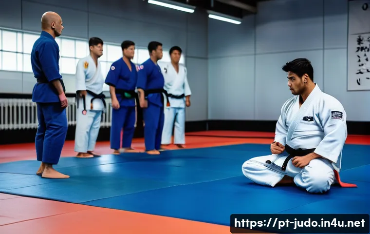 유도 훈련 후 기록 관리 방법 - A focused judo training scene in a modern dojo with a male athlete wearing a white judogi practicing...