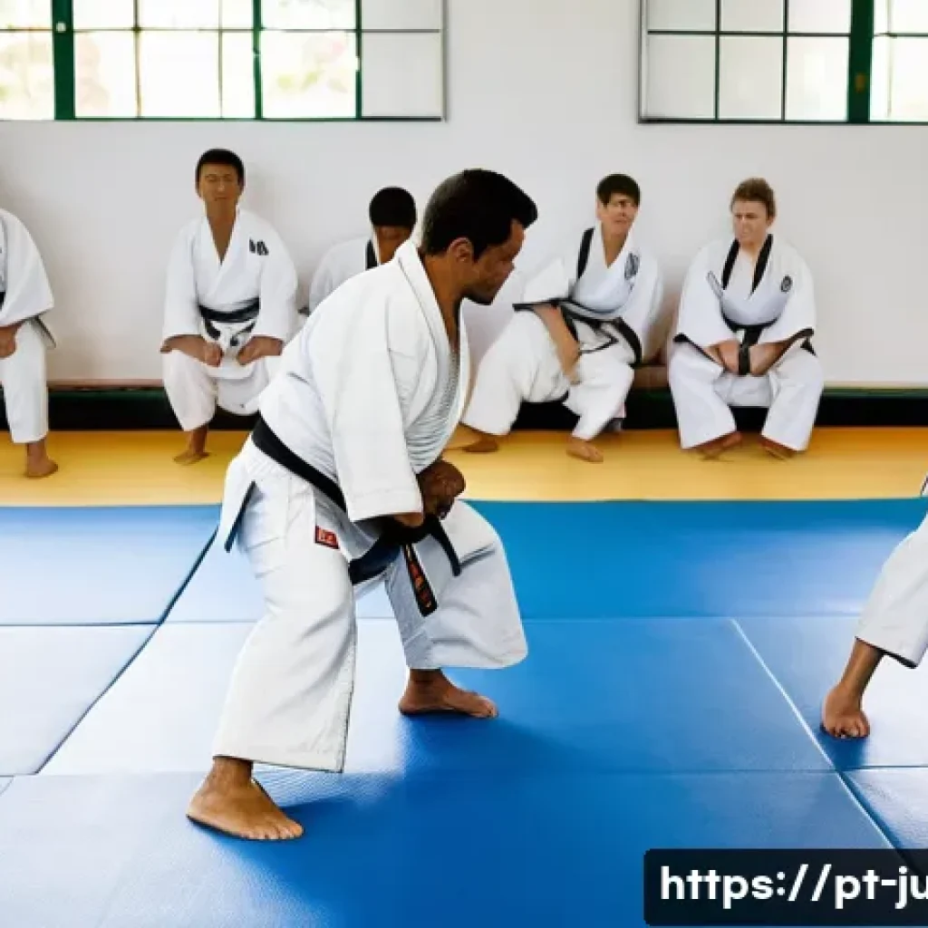 유도 배우기 가장 쉬운 기술 - A detailed scene inside a bright, modern judo dojo in Brazil, featuring a diverse group of beginner ...
