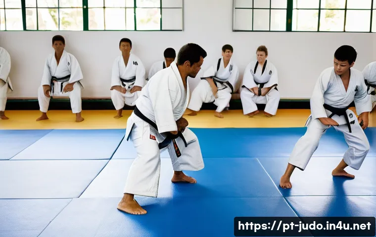 유도 배우기 가장 쉬운 기술 - A detailed scene inside a bright, modern judo dojo in Brazil, featuring a diverse group of beginner ...