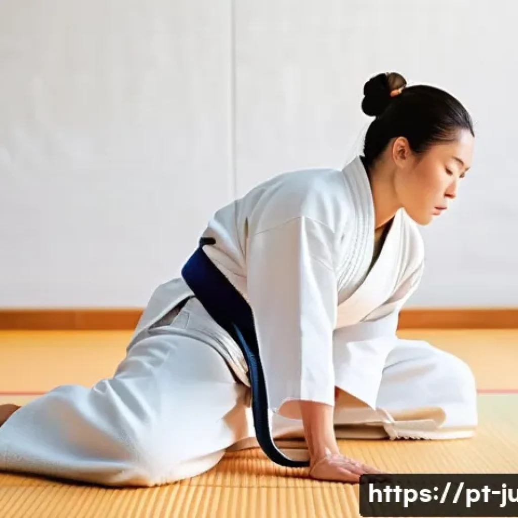 유도와 명상 호흡법 - A focused judo practitioner in a bright, modern dojo wearing a breathable white kimono, practicing a...