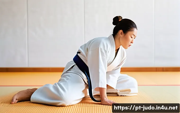유도와 명상 호흡법 - A focused judo practitioner in a bright, modern dojo wearing a breathable white kimono, practicing a...