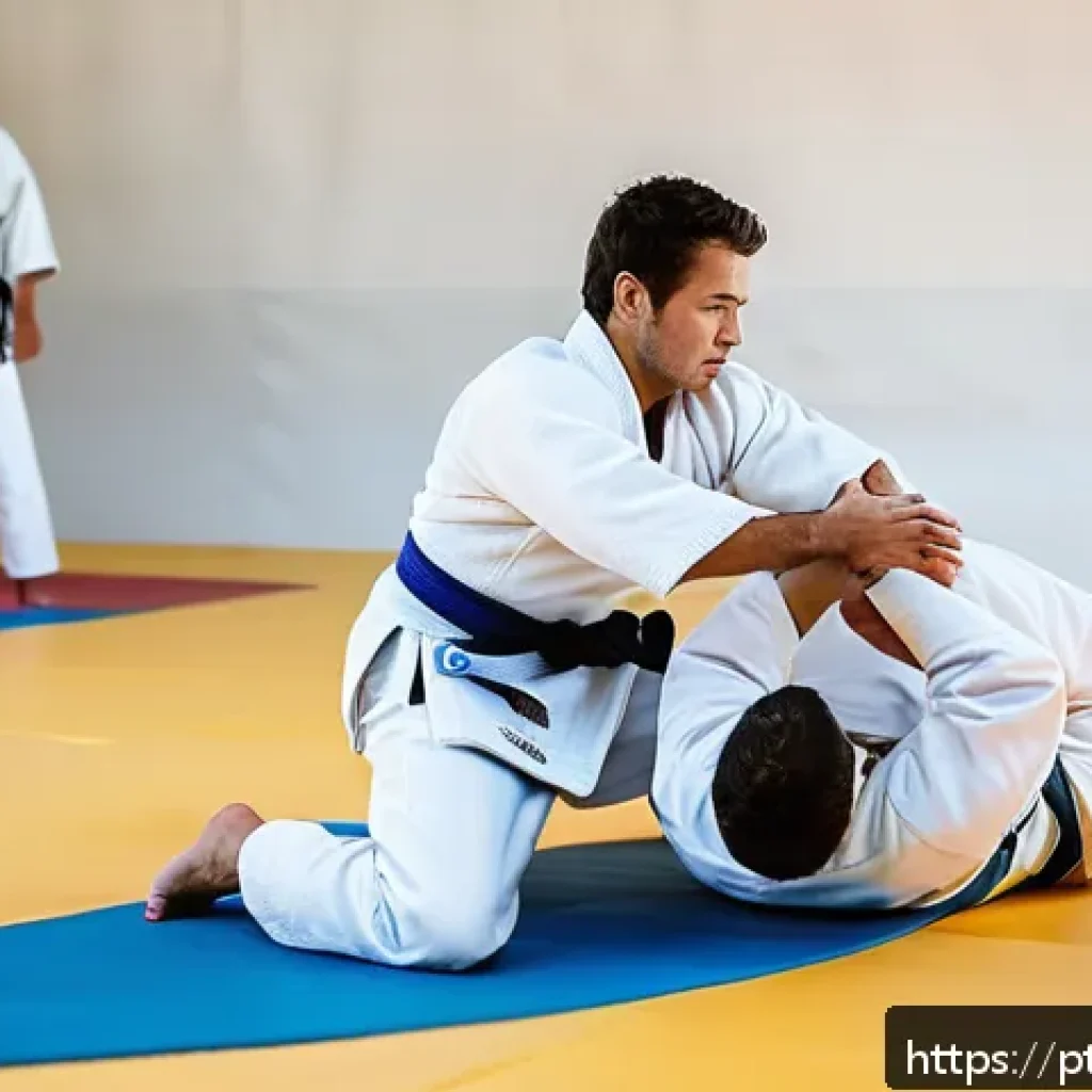 유도와 생활 체육의 조화 - A dynamic scene inside a modern judo dojo in Brazil, showing a diverse group of adult practitioners ...