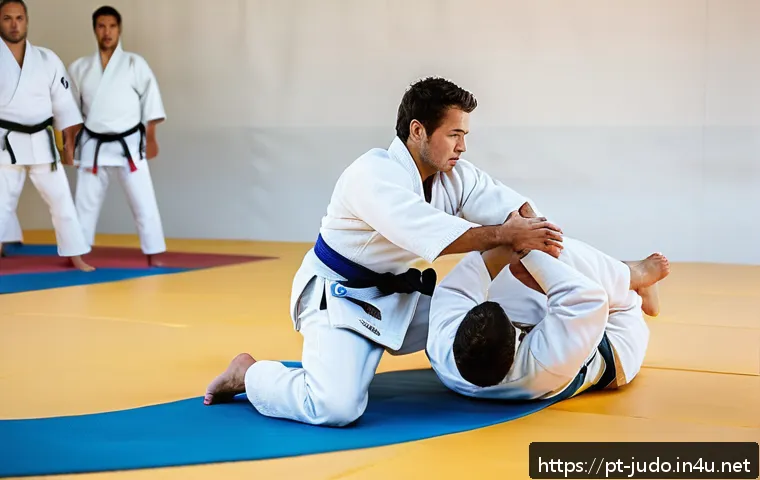유도와 생활 체육의 조화 - A dynamic scene inside a modern judo dojo in Brazil, showing a diverse group of adult practitioners ...
