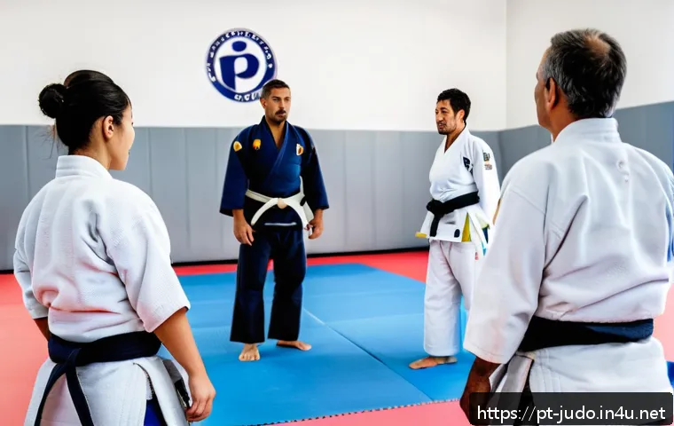 유도 특화 트레이너 찾기 - A professional judo coach in a modern Brazilian training center, demonstrating ippon seoi nage techn...