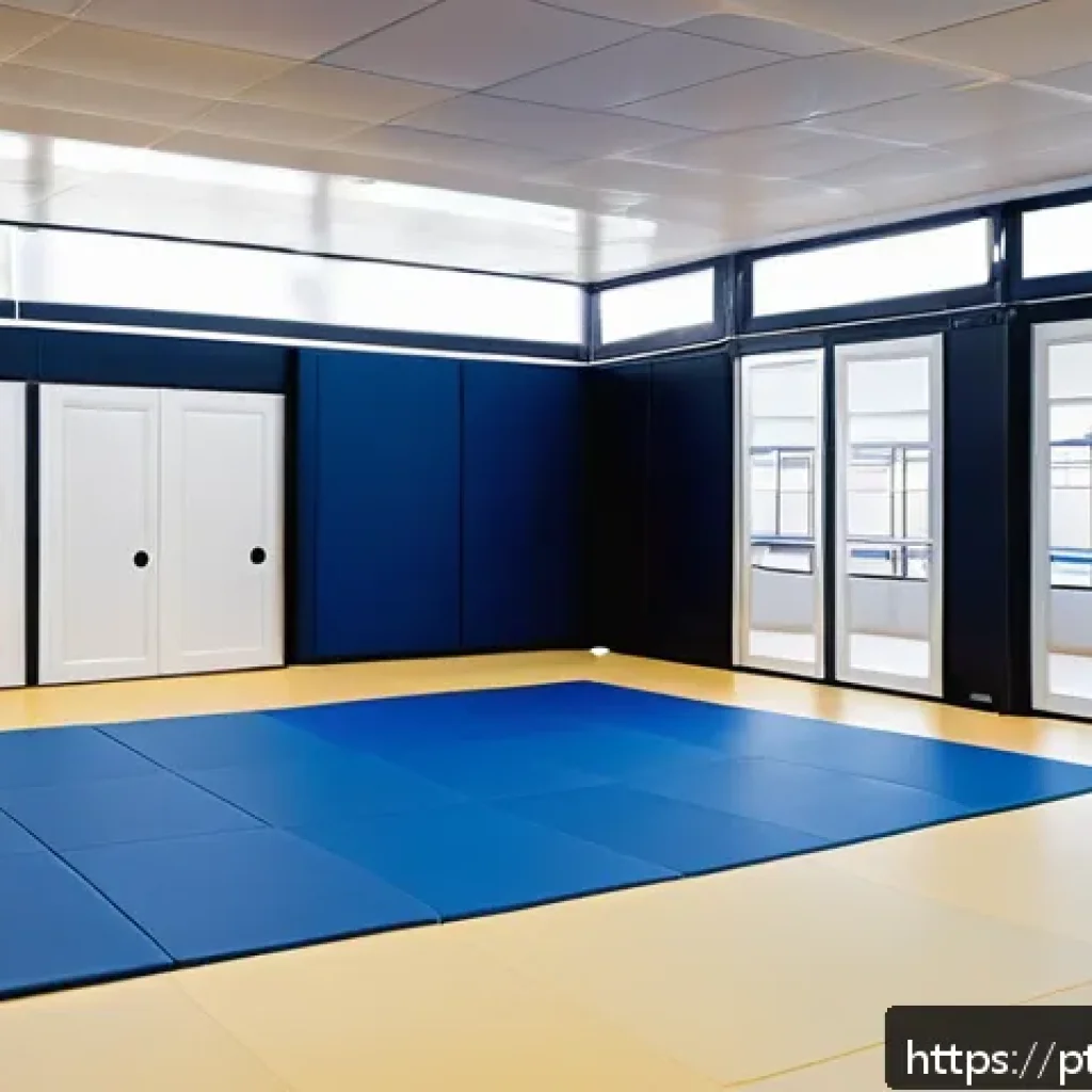 유도 경기장의 특징 - A professional judo training gym interior, featuring a spacious tatami mat area with certified, thic...