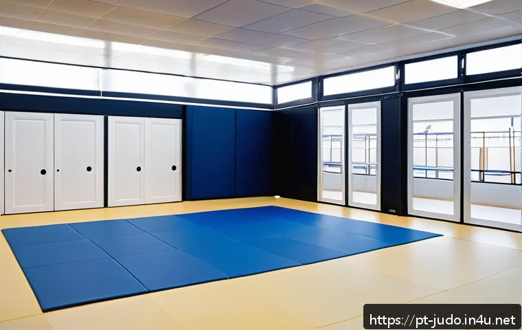 유도 경기장의 특징 - A professional judo training gym interior, featuring a spacious tatami mat area with certified, thic...