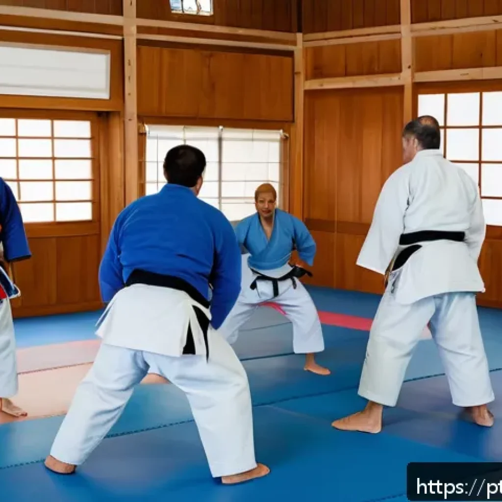 유도 훈련 동영상 무료 사이트 - A diverse group of adult judo practitioners training online in a bright, spacious home dojo with cus...