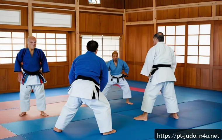 유도 훈련 동영상 무료 사이트 - A diverse group of adult judo practitioners training online in a bright, spacious home dojo with cus...