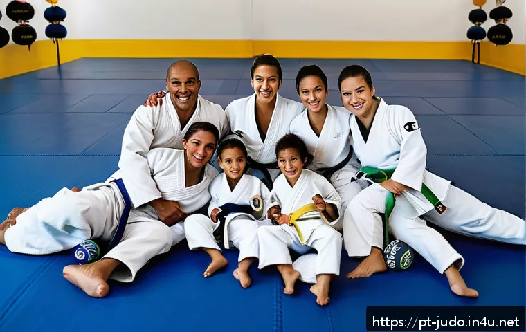 유도와 올림픽 정신 - A dynamic and inspiring scene inside a modern judo dojo in Brazil, showing a diverse group of athlet...