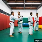 Home 21 유도 및 피트니스 트렌드 - A dynamic scene inside a modern Brazilian judo dojo with athletes wearing white judogi and colored b...