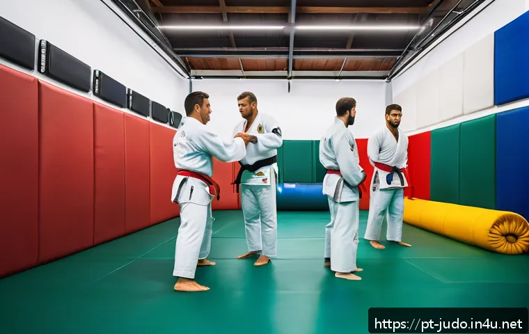 유도 및 피트니스 트렌드 - A dynamic scene inside a modern Brazilian judo dojo with athletes wearing white judogi and colored b...