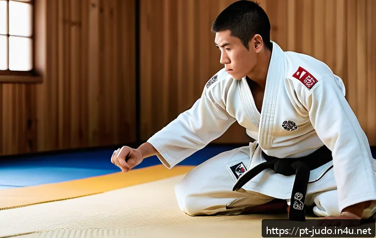 유도 태어나게 연습하는 법 - A dynamic scene inside a traditional judo dojo in Brazil, featuring a young male judoka in a crisp w...