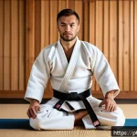 Home 19 유도 기술 응용법 - A confident adult practicing judo indoors on a clean tatami mat, wearing a traditional white judogi ...