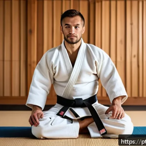 Home 31 유도 기술 응용법 - A confident adult practicing judo indoors on a clean tatami mat, wearing a traditional white judogi ...