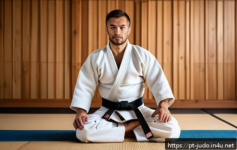 유도 기술 응용법 - A confident adult practicing judo indoors on a clean tatami mat, wearing a traditional white judogi ...