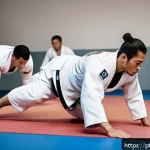 Home 18 유도 훈련 시 주의사항 - A dynamic scene inside a bright, modern dojo where a diverse group of adult judokas in well-fitted w...