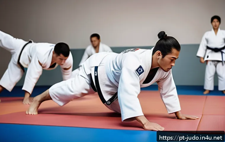 유도 훈련 시 주의사항 - A dynamic scene inside a bright, modern dojo where a diverse group of adult judokas in well-fitted w...
