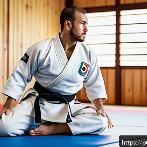 Home 17 유도 동작 교정 방법 - A detailed scene inside a well-lit judo dojo featuring a judoka in mid-throw, emphasizing perfect bo...