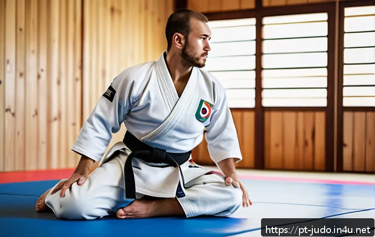 유도 동작 교정 방법 - A detailed scene inside a well-lit judo dojo featuring a judoka in mid-throw, emphasizing perfect bo...