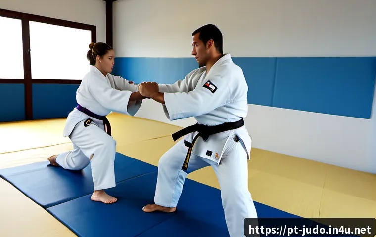 유도 체력 강화 방법 - Photorealistic judo fitness training in a bright Portuguese martial arts studio, two adult athletes ...