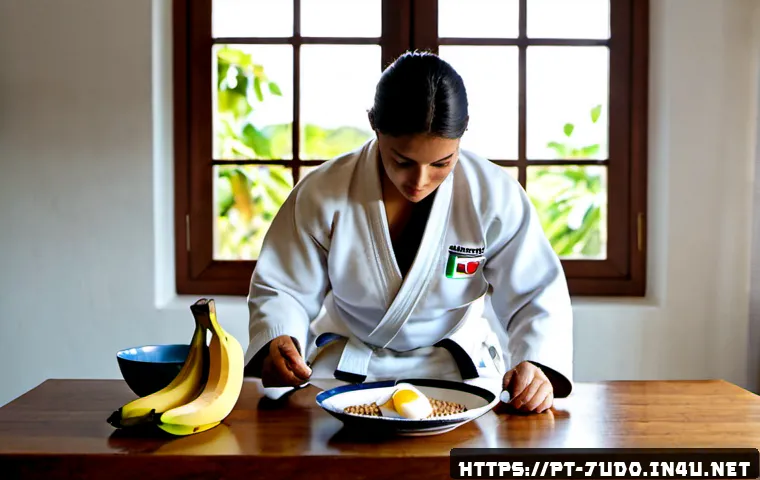 Home 13 유도 훈련 전후 식단 관리 - Photorealistic morning kitchen scene in Brazil, adult judo athlete wearing a clean white gi jacket o...
