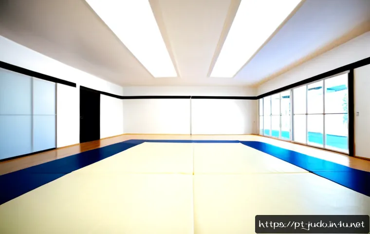Home 26 유도 경기장 내부 소개 - Photorealistic wide-angle interior of a modern Brazilian judo training hall, spotless pale tatami ma...
