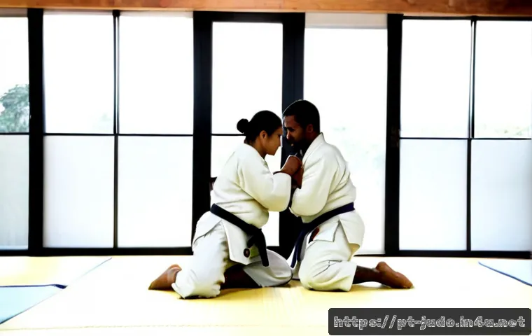Home 15 유도 파트너와 훈련하는 방법 - Photorealistic Brazilian judo dojo training session, two adult partners in clean white judo uniforms...