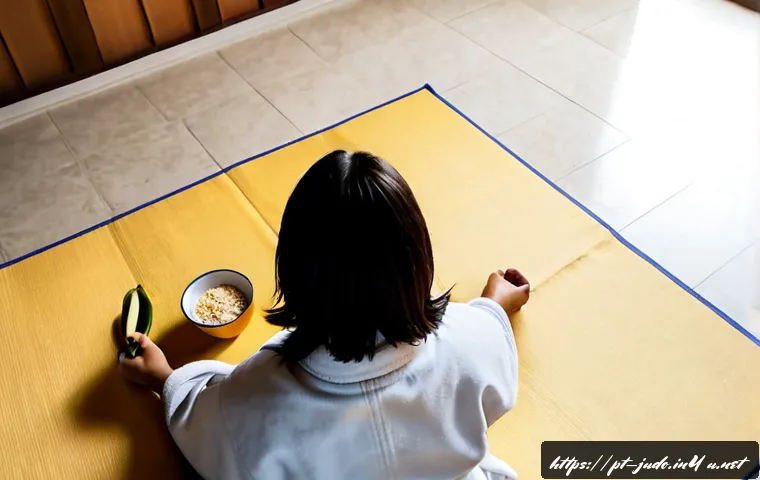 Home 17 유도 훈련 전후 추천 간식 - Photorealistic overhead view of a young adult judo athlete in a clean white gi with belt, seated bes...