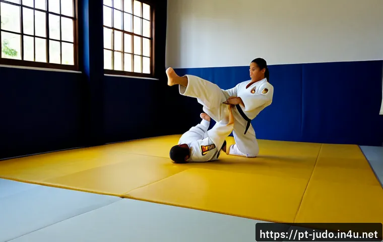 유도 기술별 명칭과 설명 - Photorealistic Brazilian judo dojo scene, two adult judoka in clean white uniforms performing a cont...