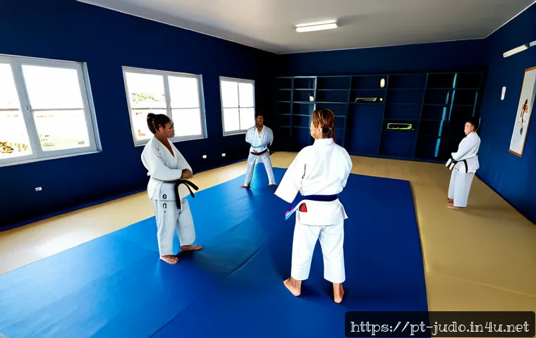 유도 훈련 캠프 추천 - Photorealistic wide-angle view of a welcoming judo training camp in Portugal, diverse teenage and ad...